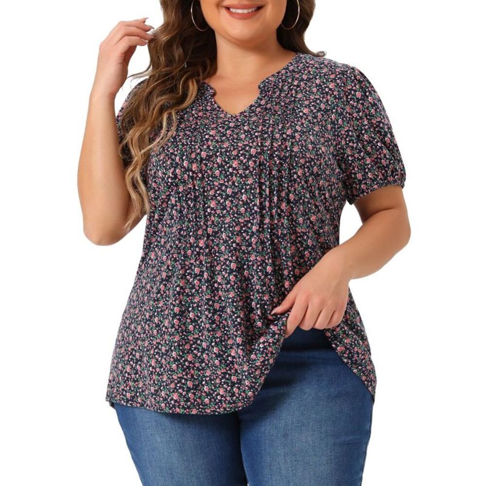 Women's Plus Retro Floral Pleated Notched V-Neck Blouse - Navy 4X
